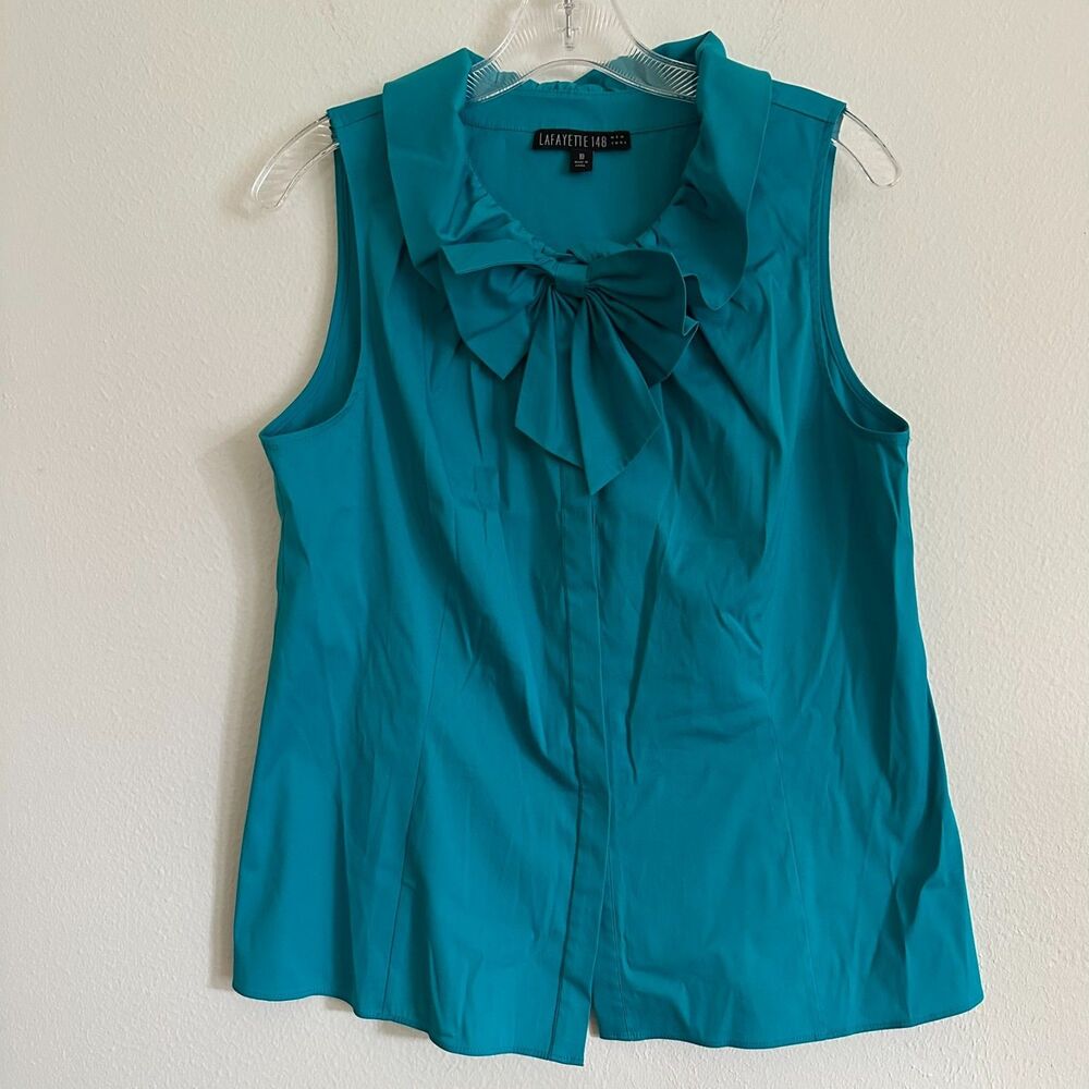 Lafayette Teal Sleeveless Ruffle Tie Neck Button Shirt Size 10 Office Coquette